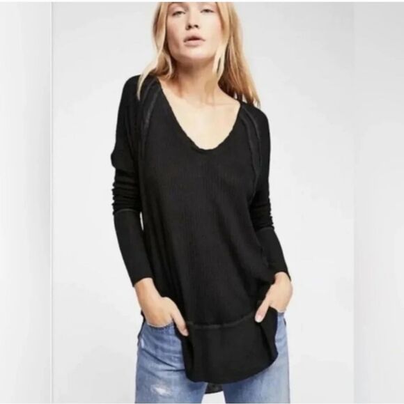 Free People Xs Top We The Free Thermal Black V-Neck Women's Top - Picture 1 of 6